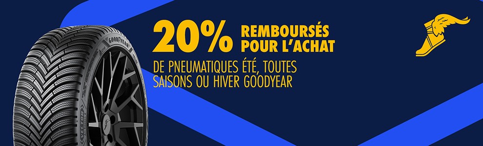 20% remboursé pour l'achat de pneumatiques été, toutes saisons ou hiver Goodyear ! “Code d’inscription : REN13926”