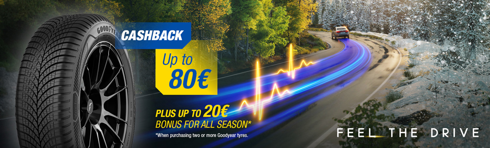 Up to €80 Cashback & All Season bonus when purchasing 2+ Goodyear Tyres