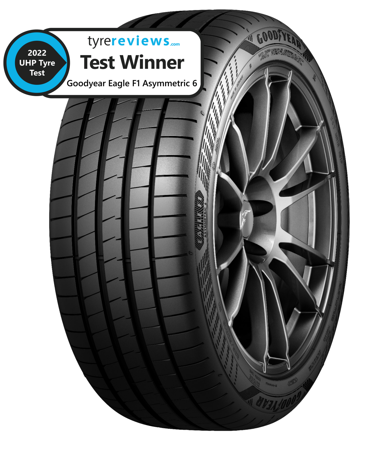 Eagle F1 Asymmetric 6 tyre shot with Tyre Reviews 2022 UHP Tyre Test Winner Badge 
