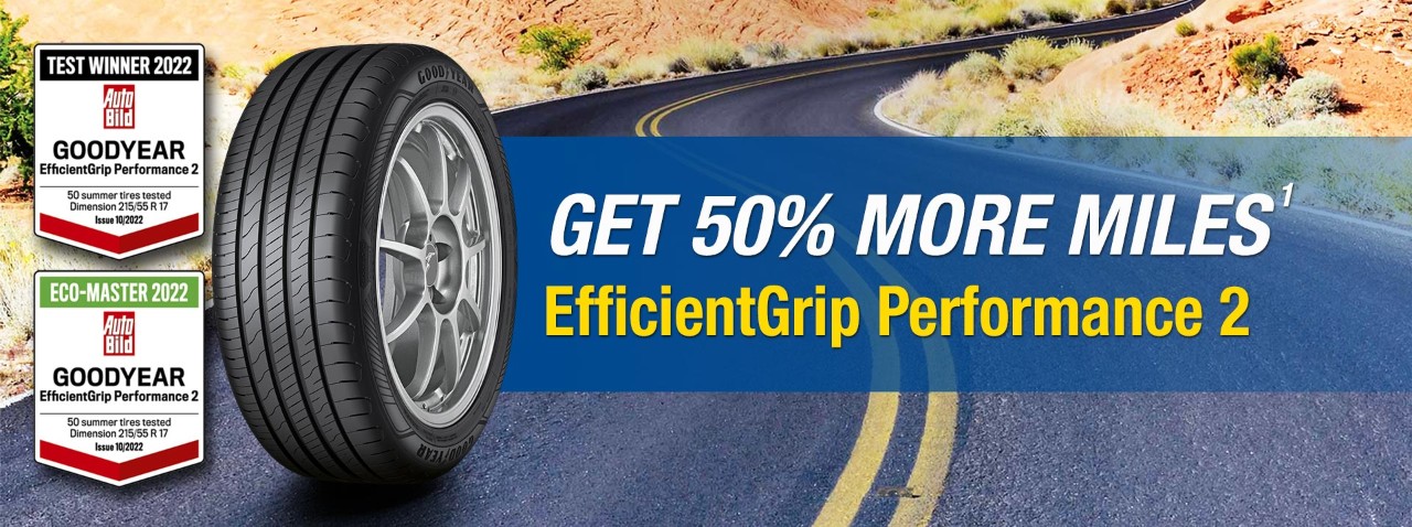 EfficientGrip Performance 2 Immagine per l’intestazione con claim sul chilometraggio e badge di Auto Express Winner 2021